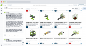 The image shows an ecommerce marketplace of a automation and robotic work cells. At the left there is a chat with an AI agent that helps the user finds the right solution for their needs. At the right there are several cards with pictures of robotic solut