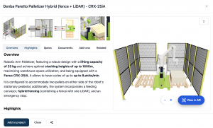 the image displays a card of one of the robotic solutions in the Reshape marketplace. There are images and videos on the top left. A description, technical specs, highlights, documents, add ons and related products scrollable section, below the images. On