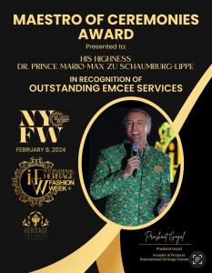 Prince Mario-Max Schaumburg-Lippe receives Maestro of Ceremonies Award 2024 by NYFW Prashant Goyal International Heritage Fashion Week