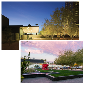  Alt text for the photo of the Phoenix Art Museum Entrance: "The exterior entrance of the Phoenix Art Museum at twilight, featuring a vibrant pink and blue sky. In the foreground, there's a modern water feature with a black granite surround. Lush greenery