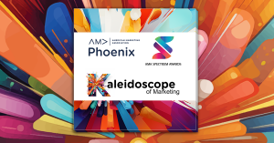 Alt text for AMA Phoenix Logo: "The logo for AMA Phoenix, which stands for American Marketing Association Phoenix, features a sleek, capitalized 'AMA' in a dark font, with a rightward pointing arrowhead shape symbolizing progress, next to the word 'Phoeni