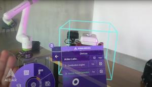 Demonstration of AIDAR.SERVICE. The operator looks through AR googles to see application interface and maintenance instructions