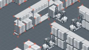 A graphic showing forklifts with visual spatial awareness operating in a warehouse