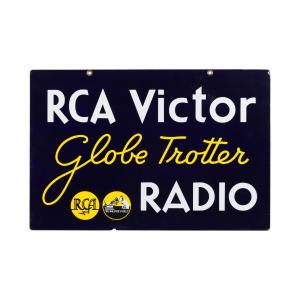 Canadian double-sided porcelain RCA Victor Globetrotter radio sign from the 1940s, 20 inches by 30 inches, with just some scattered minor surface scratches (est. CA$3,000-$5,000).
