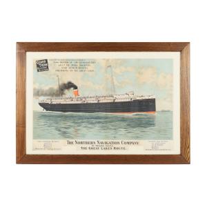 Lithographed paper in a frame depicting the Greater Northern Navigation Company Great Lakes Route Huronic, measuring 24 ¾ inches by 38 inches (sight, less frame). (est. CA$2,000-$3,000).