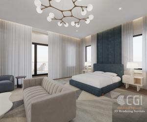 A beautifully designed bedroom featuring a grand bed, adorned with a stunning chandelier by 7CGI Studio