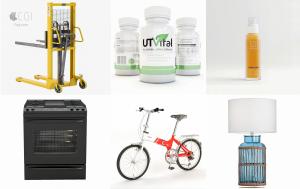 7CGI product rendering sample for your Marketing & catalogs. View images of 3d rendering for A forklift, range cooker, beauty bottle, a lamp, a cycle.