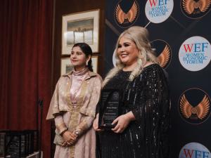 Dr. Harbeen Arora Rai, Founder and Chairperson of Women Economic Forum, left, and Maria Fernanda Reyes, President, WEF New York on the stage at the WEF Awards Ceremony held at the Harvard Club in Manhattan.