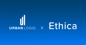 Blue background on the left side of the page UrbanLogiq's logo in white with an x and the word Ethica to the right in white writing