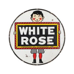 1940s Canadian White Rose “Slate Boy” double-sided porcelain service station sign, impressive at four feet in diameter and featuring “Boy and Slate” graphic (CA$17,700).
