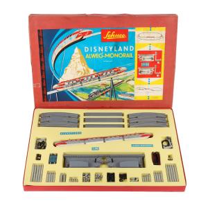 1962 Schuco 6333 Disneyland Alweg-Monorail G-Set, marked "Disneyland" and "Schuco" on all parts, with track, cable, supports, a 3-piece model monorail and original box (CA$2,124).