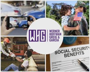 Collage with WHG's practice area: Personal Injury, Veterans Law, Workers Comp, and SSI and SSDI Benefits