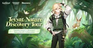 Graphic in the style of Genshin Impact showing the character Kaveh, text reads Teyvat Nature Discovery Tour "Genshin Impact and Discovery Nature Benefit Collaboration