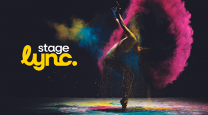 A female representing dancer shaking out paint from her hair, splashing vibrant colors around in a dynamic move displaying the StageLync logo.