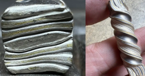 A billet being twisted for mokume gane jewelry