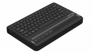 Photo showing an angled perspective view of the Orbit Reader Q40 Refreshable 40-cell Braille Display with an integrated QWERTY keyboard.  Shows the words "Orbit Reader Q40" in braille on the braille display.  The picture shows the QWERTY keyboard on top o