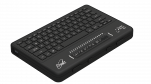 Photo showing an angled perspective view of the Orbit Reader Q20 Refreshable 20-cell Braille Display with an integrated QWERTY keyboard.  Shows the words "Orbit Reader Q20" in braille on the braille display.  The picture shows the QWERTY keyboard on top o