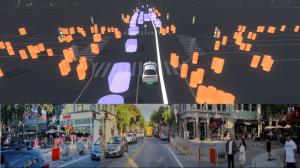 Image of what Nuro's autonomous system sees on the road with multiple pedestrians.