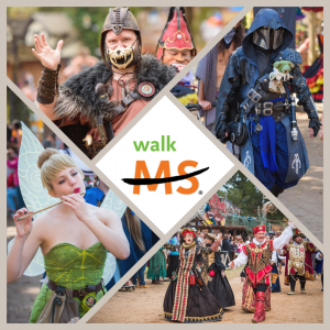 Image of people walking in Renaissance costumes. Caption reads: Join the TexRenFest Striders to help raise money to fight MS. Folks can join or donate at: TexRenFest Striders - Fundraising For National MS Society