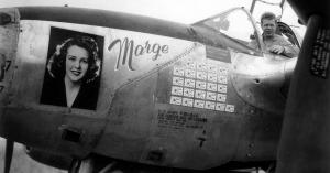 World War II Fighter Plane P-38 Lightning "Marge" with ace pilot Richard I. Bong in the cockpit