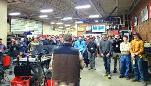 A large group of welding students gathering before the Welding Wars competition begins