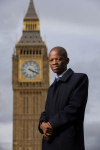 Hon. Dumezweni Mthimkhulu, Botswana Environment Minister outside Houses of Parliament in protest at UK legislation to ban the import of hunting trophies