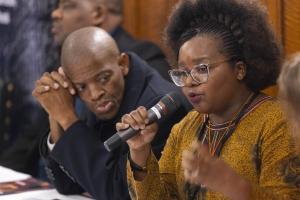 Hon Dumezweni Mthimkhulu, Botswana Environment Minister and Prof Patience Gandiwa, director Zim Parks at UK House of Commons to protest proposed ban on the importation of hunting trophies