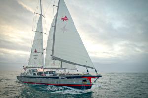 A sail boat in the middle of open water during dawn
