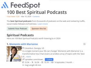 Moments with Marianne Radio Show #1 in FeedSpot’s List of Best Spiritual Podcast You Must Follow in 2024!