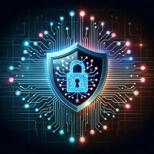 Digital artwork featuring transparent shields and digital locks integrated with AI circuitry, symbolizing secure and transparent AI practices