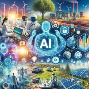 An infographic representing Bifin AI's strategic vision with digital data streams and symbols of various industries impacted by artificial intelligence