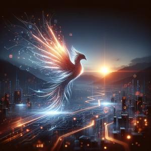 A vibrant image of a phoenix bird flying over an AI-enhanced cityscape at sunrise, representing the renewal and pioneering spirit of Bifin AI in the artificial intelligence domain