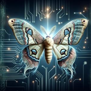 Digital artwork of a silk moth intertwined with elements of technology and AI, representing the innovation and transformation in AI solutions by Bifin AI