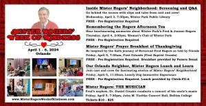 A list of events for the 2024 Mister Rogers' Week of Kindness series with a logo of Fred Rogers at the top and pictures of the events.