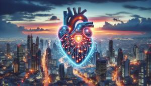 Innovative heart made of circuits against cityscape.