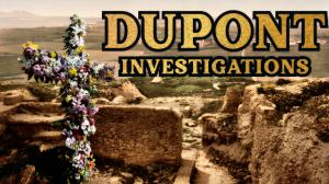 Dupont Investigations logo hovering above an antique photo of ruined Carthage, beside a floral Easter cross