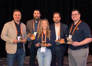 Pictured are the five DINO recipients: Jamie Cone (BD), Steve Grundahl (Prototek), Thomas Murphy (New Jersey Innovation Institute – COMET), Vadim Pikhovich (MAGMA Foundry Technologies) and Bob Renella (GoEngineer).