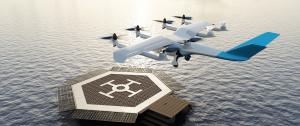 Electric eVTOL landing on a floating pontoon