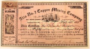 Mining stock certificate for Alta No. 2 Copper Mining (Del Norte County, Calif.), notable because it’s signed as company secretary by California author Bret Harte (est. $3,000-$8,000).