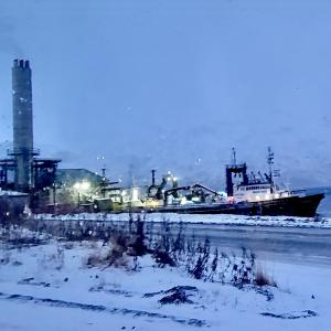 Large fishing vessel docked next to the Westward Dutch Harbor Seafood Processing Plant on a cloudy day