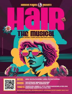 A poster for the musical HAIR being performed in Harrison, NY by the Harrison Players