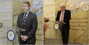 Ambassador Lincoln Bloomfield, Jr, (left), and Ambassador Robert Joseph addressing the Nowruz 2024 celebration organized by the NCRI-US.