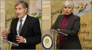 Ambassador Joseph DeTrani (left) and Mrs. Linda Chavez addressing the Nowruz 2024 celebration organized by the NCRI-US.