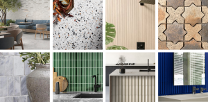 Eight images of different tile installations from Architessa's latest product launch.