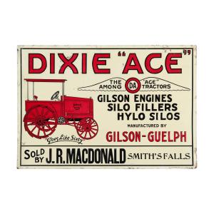 Canadian Gilson, Guelph Dixie "Ace" Tractors sign from the 1910s, an embossed lithographed single-sided tin sign, 13 ¾ inches by 20 inches (est. CA$3,500-$5,000).