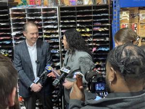 American Paper Optics CEO John Jerit  with Biden Cabinet Member Isabel Casillas Guzman (Administrator of the U.S. Small Business Administration) during tour of their Memphis, TN, factory. (Photo Credit: Jeremy Veldman Memphis Astronomical Society).