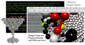 Insēquio was used to design a martini glass using strands of DNA.  On the left is the martini glass.  On the right is a close up of one of the DNA strands. In the back is a screenshot of the software code and inSēquio interface.