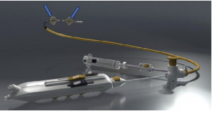 Image showing a mechanical thrombectomy device with two distal spheres (blue arrows), demonstrating active controllable expansion, collapse, and proximal-distal translation.