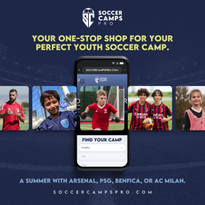 Image showing mobile web of soccer camps pro with the images of children playing soccer with the text "Your one-stop shop for your perfect youth soccer camp" below is the the text "a summer with arsenal, peg, Benfica, or ac milan"