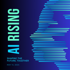AI Rising logo, comprised of a futuristic android head made of data bars